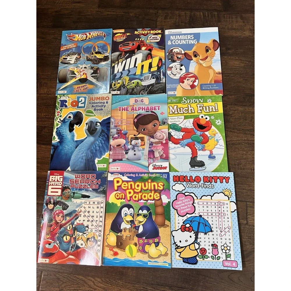 Vtg LOT 9 Disney Hot Wheels Sesame Street Hello Kitty Coloring Work Puzzle Books
